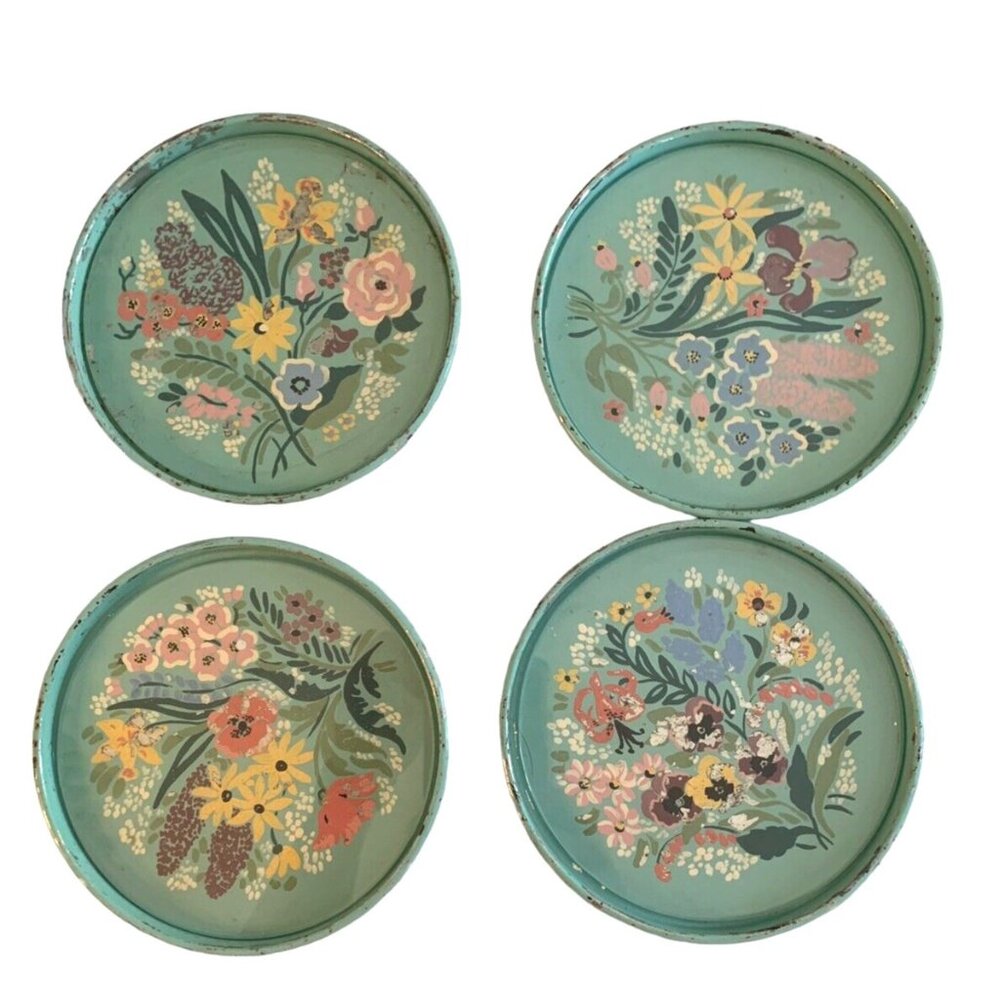 4 Vintage Hand Painted Toleware Robins Egg Blue Floral COASTER SET Metal w Glass